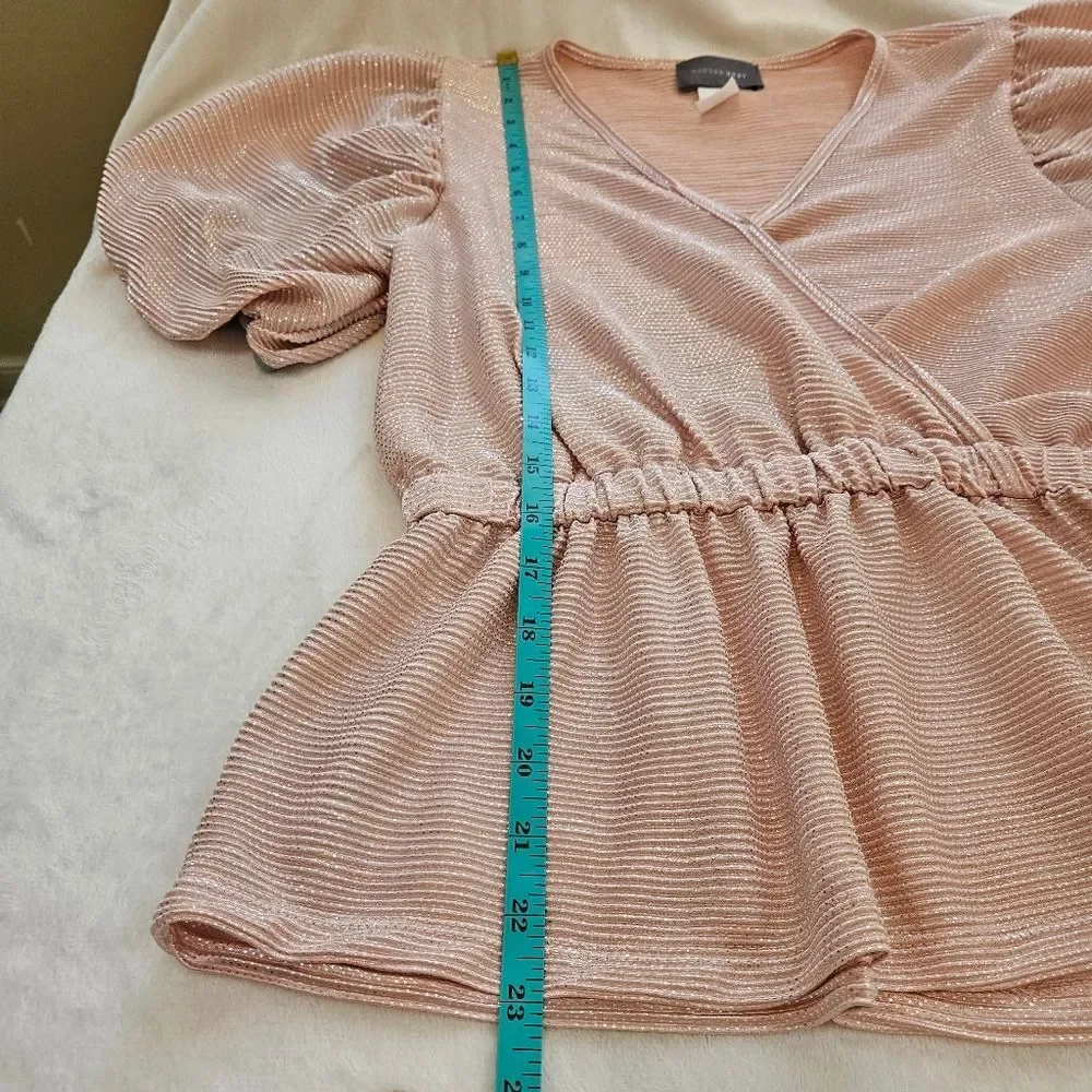 Hudson Gray Faux Wrap Top Women Sz M Glitter Shimmer Pink Balloon Sleeves